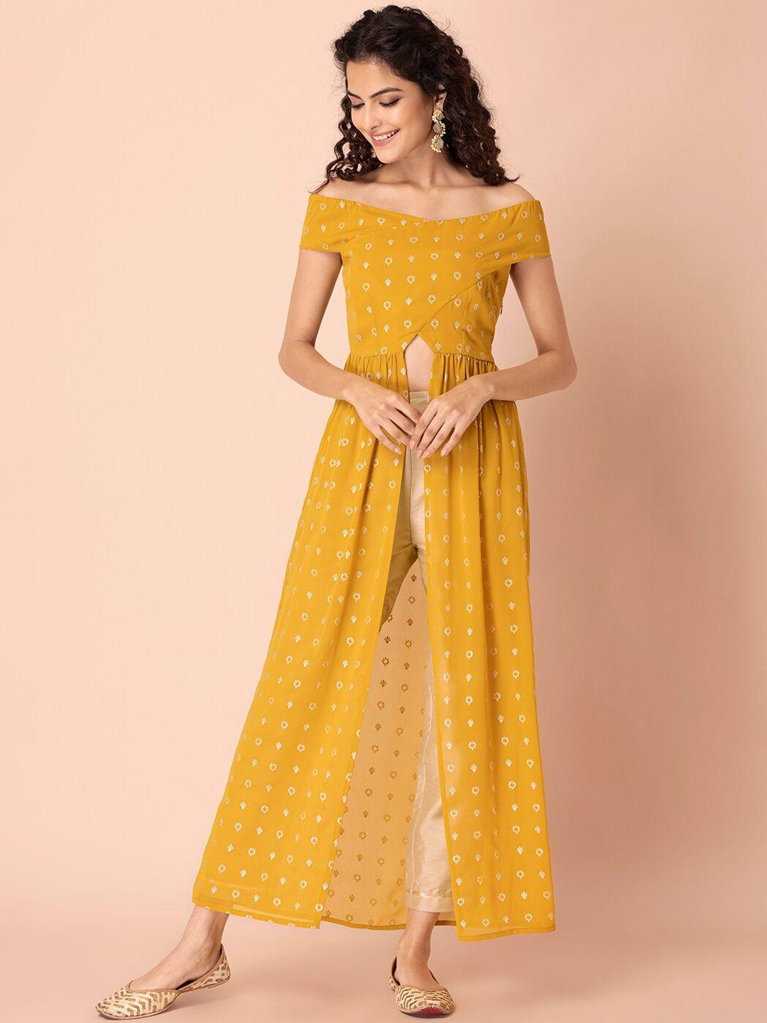 rang by indya women yellow & white printed flared kurta