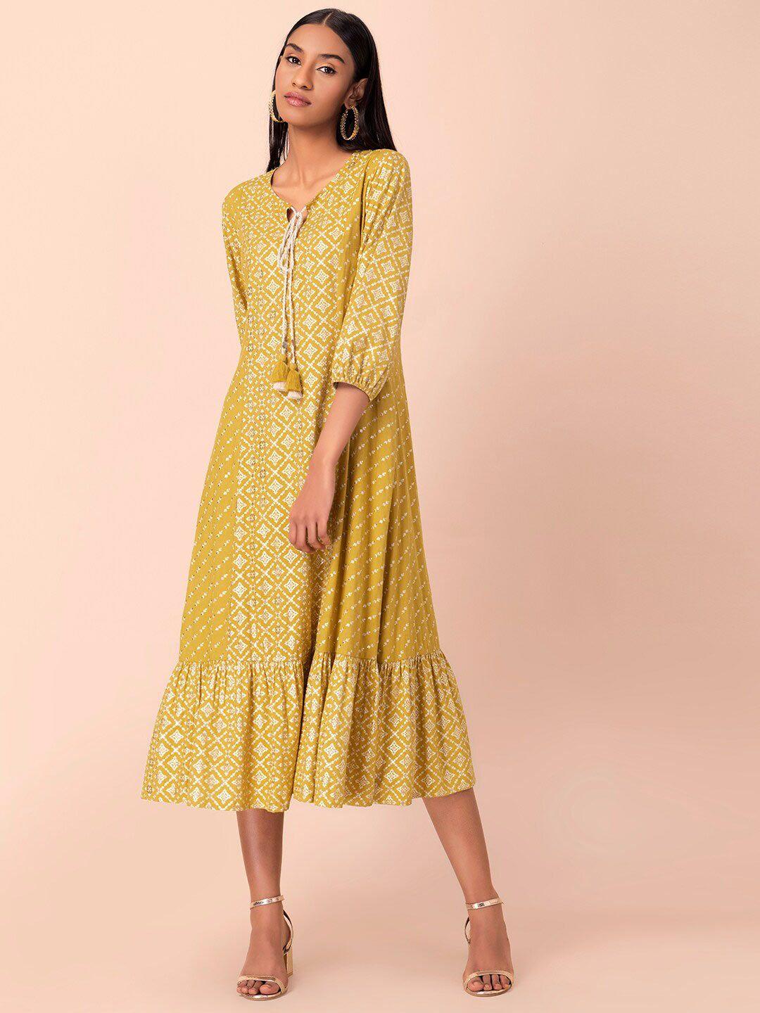 rang by indya yellow & white a-line midi dress