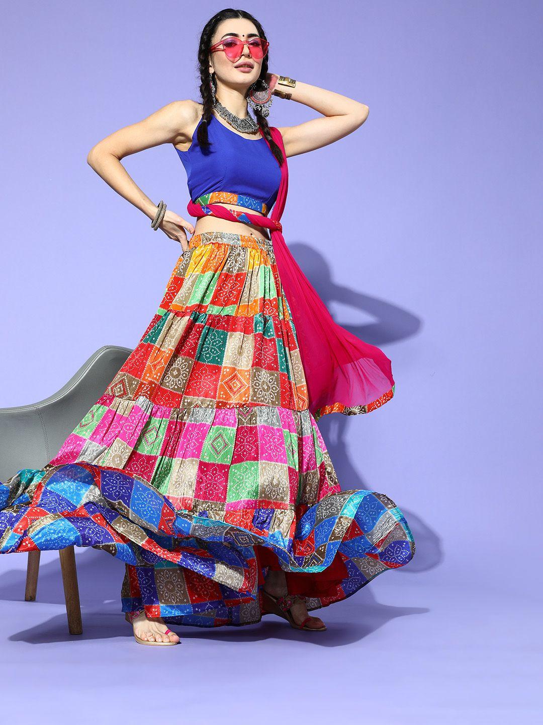 rang gali women blue & pink bandhani printed ready to wear lehenga choli with dupatta