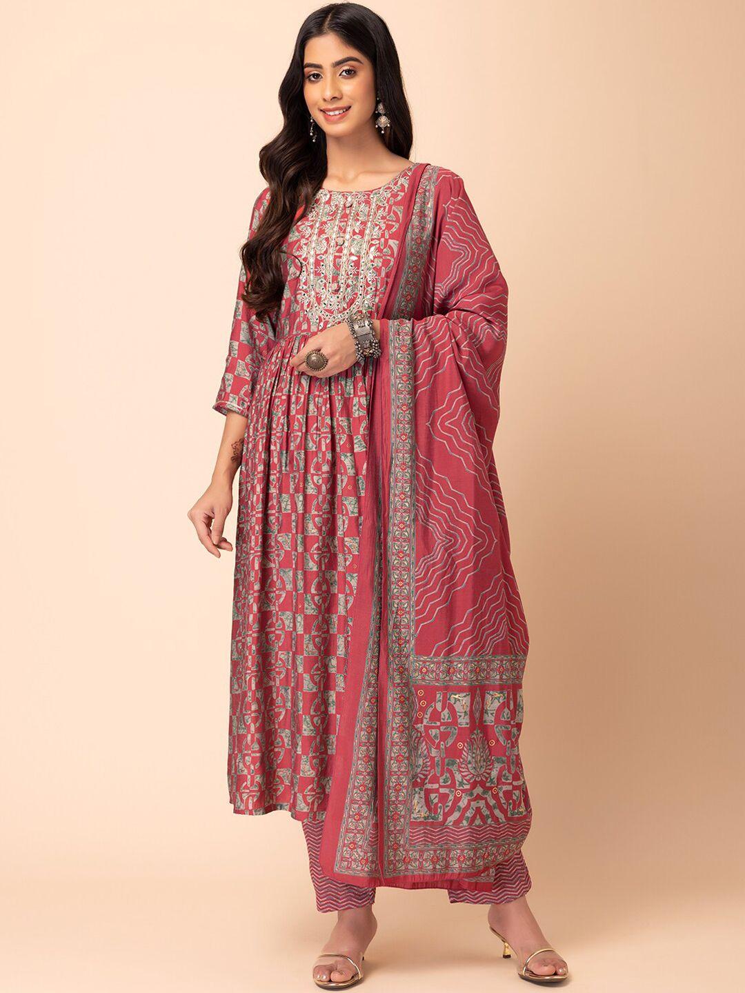 rang by indya abstract printed kurta & trousers with dupatta