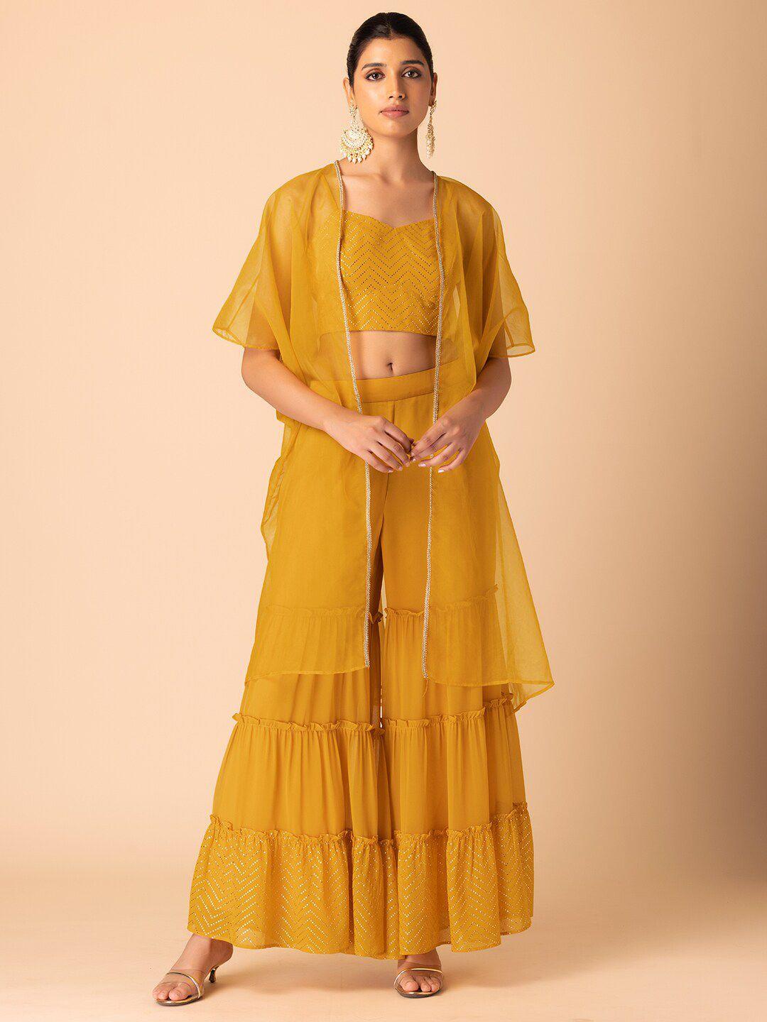 rang by indya embellished with strappy top tiered sharara & cape