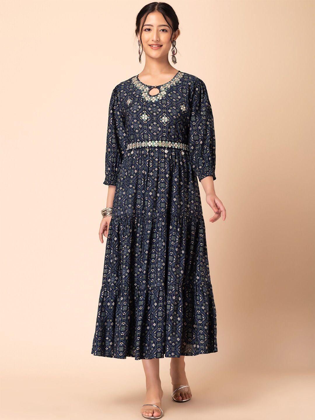 rang by indya embroidered chanderi dress with belt