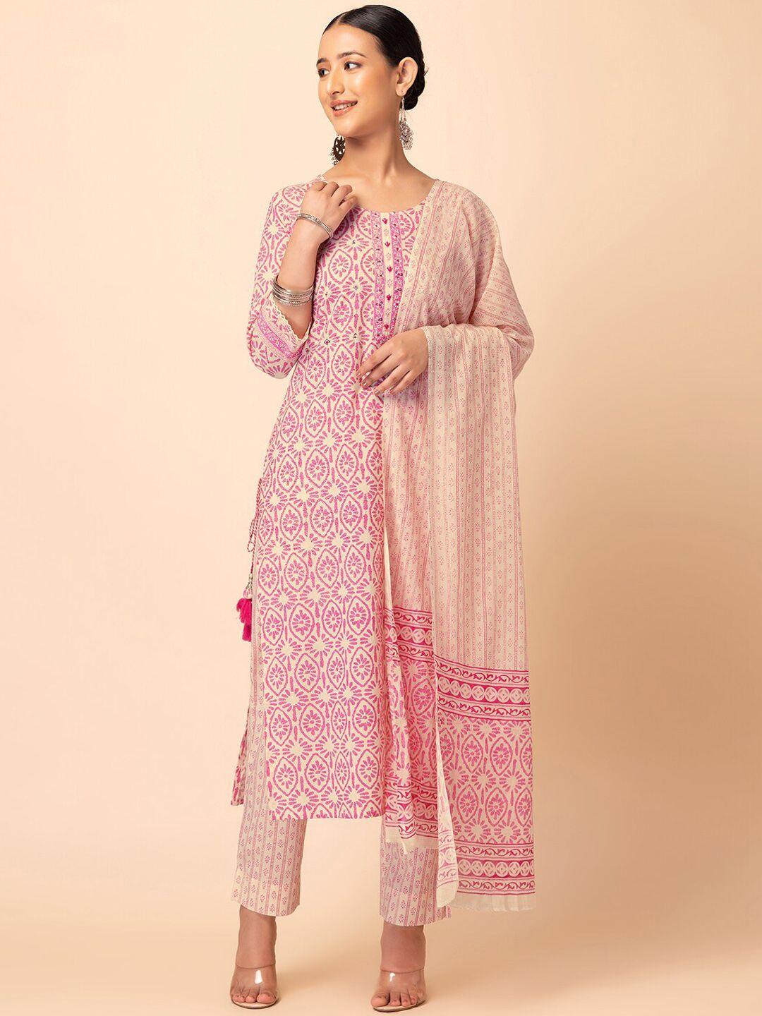 rang by indya ethnic motif printed pure cotton a-line kurta with trouser & dupatta