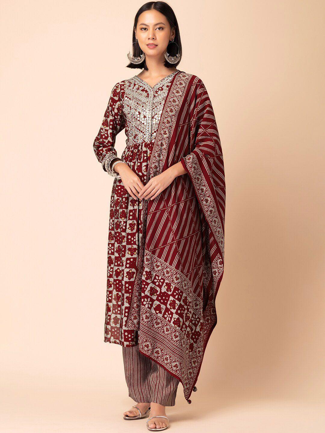 rang by indya ethnic motifs jaal print anarkali cotton kurta with trousers & dupatta