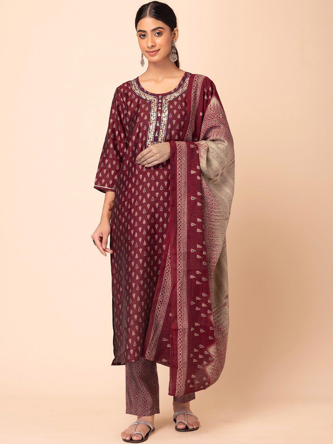 rang by indya ethnic motifs printed straight kurta with trousers & dupatta