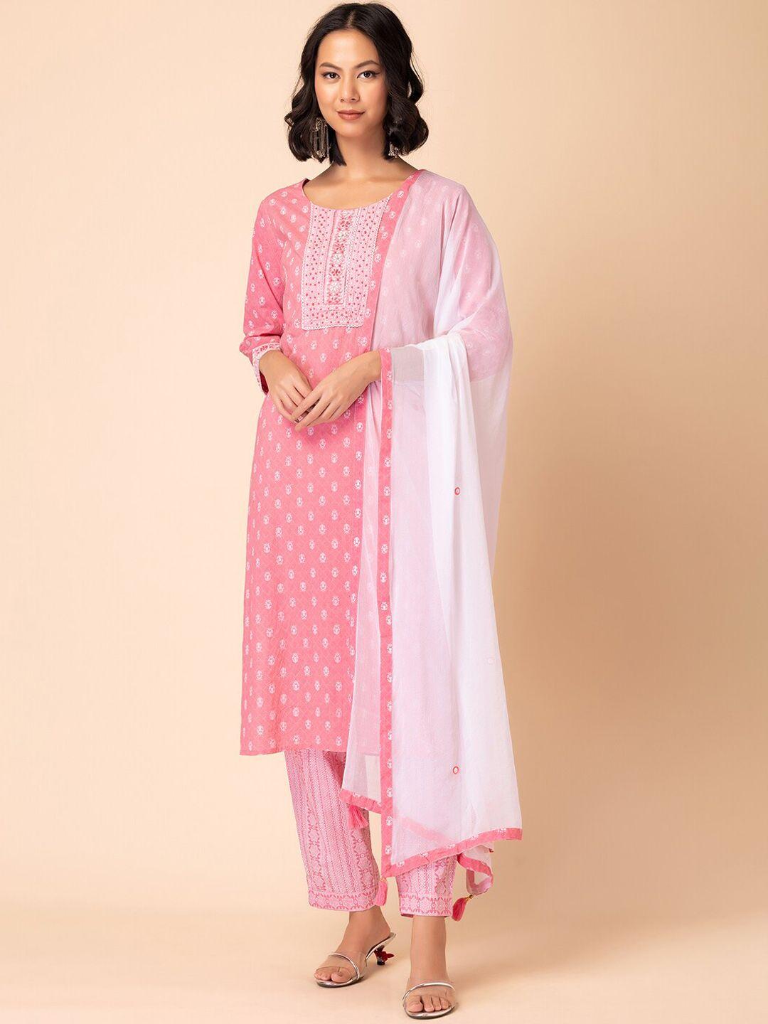 rang by indya ethnic motifs printed thread work pure cotton kurta with trouser & dupatta