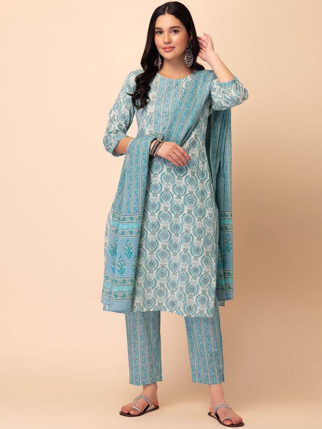 rang by indya floral block printed thread work pure cotton kurta with trouser & dupatta