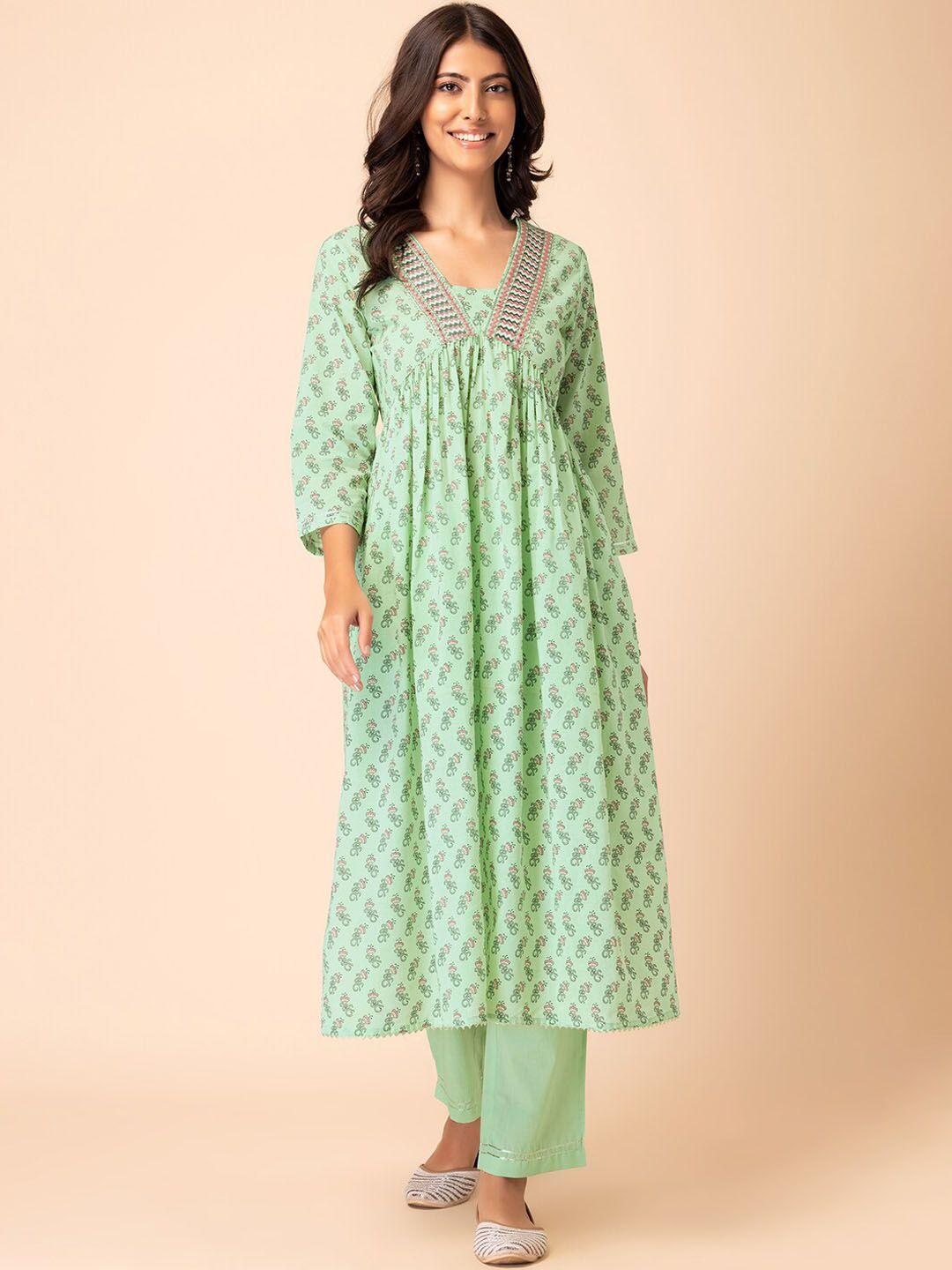 rang by indya floral boota printed gotta patti pure cotton a-line kurta with trouser