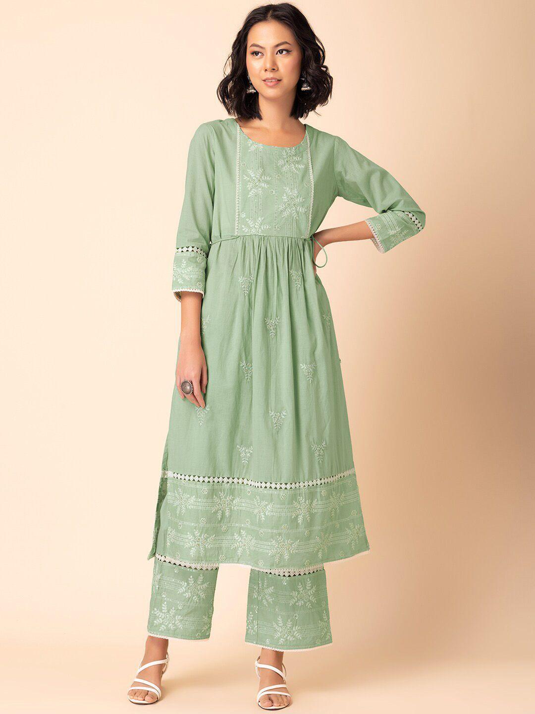 rang by indya floral embroidered thread work pure cotton kurta with trousers