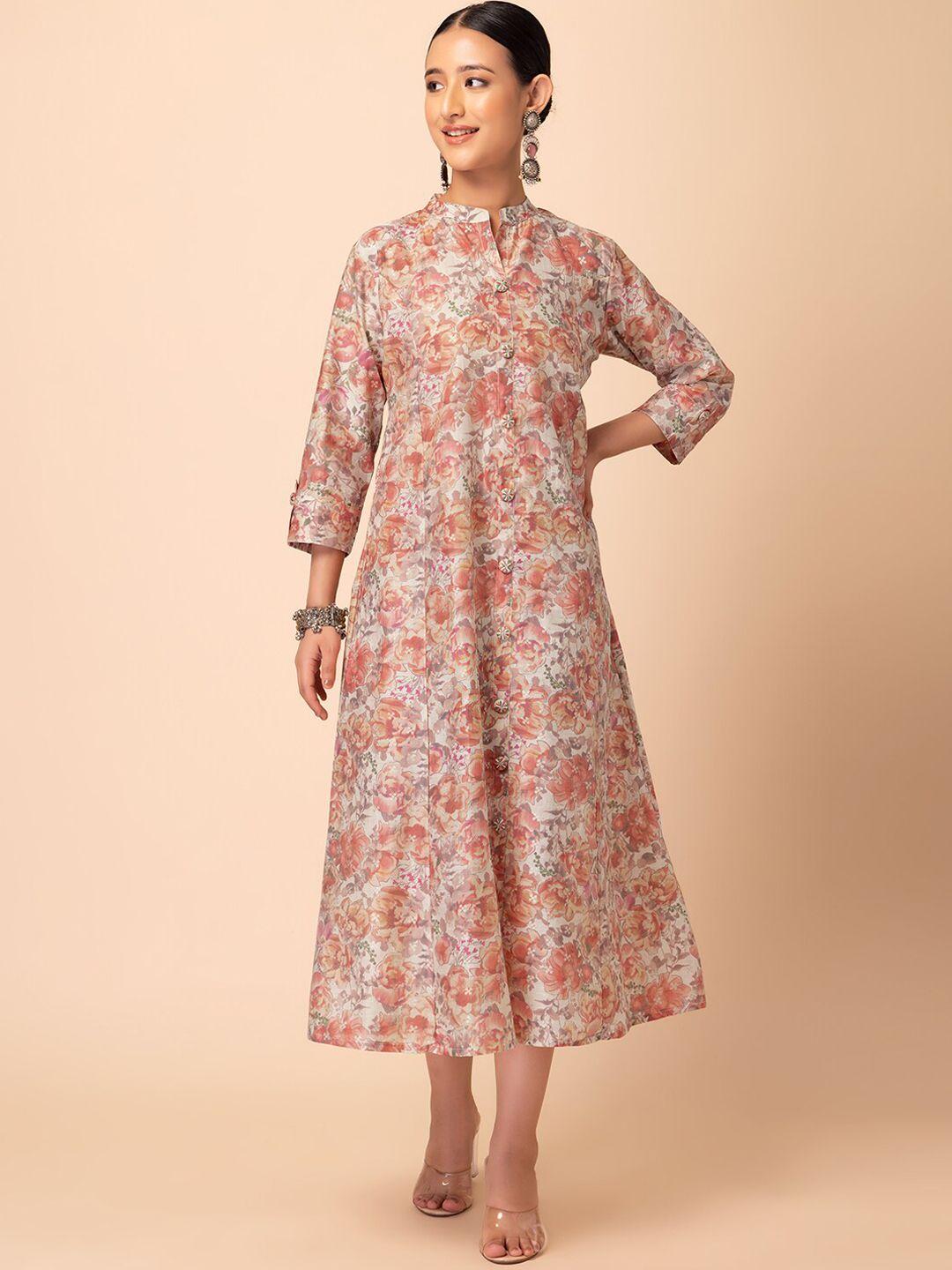 rang by indya floral foil printed mandarin collar a-line pure cotton ethnic dress