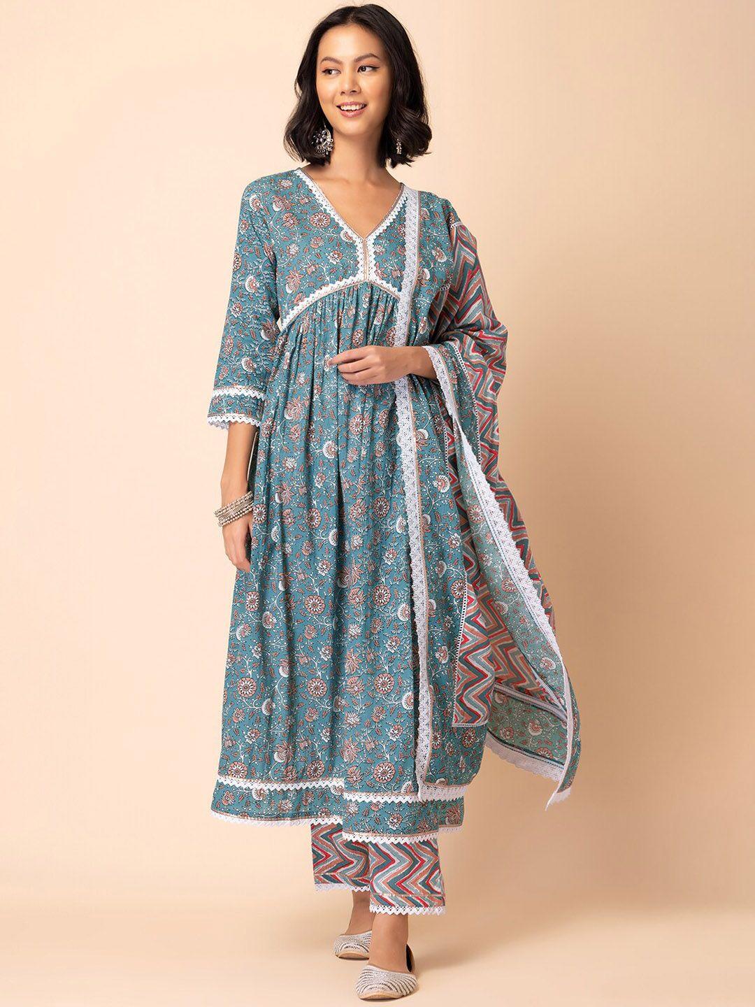 rang by indya floral jaal printed lace detail a-line pure cotton kurta with trouser & dupatta