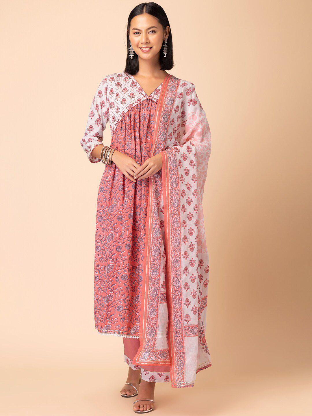 rang by indya floral jaal printed mirror work a-line pure cotton kurta with trouser & dupatta
