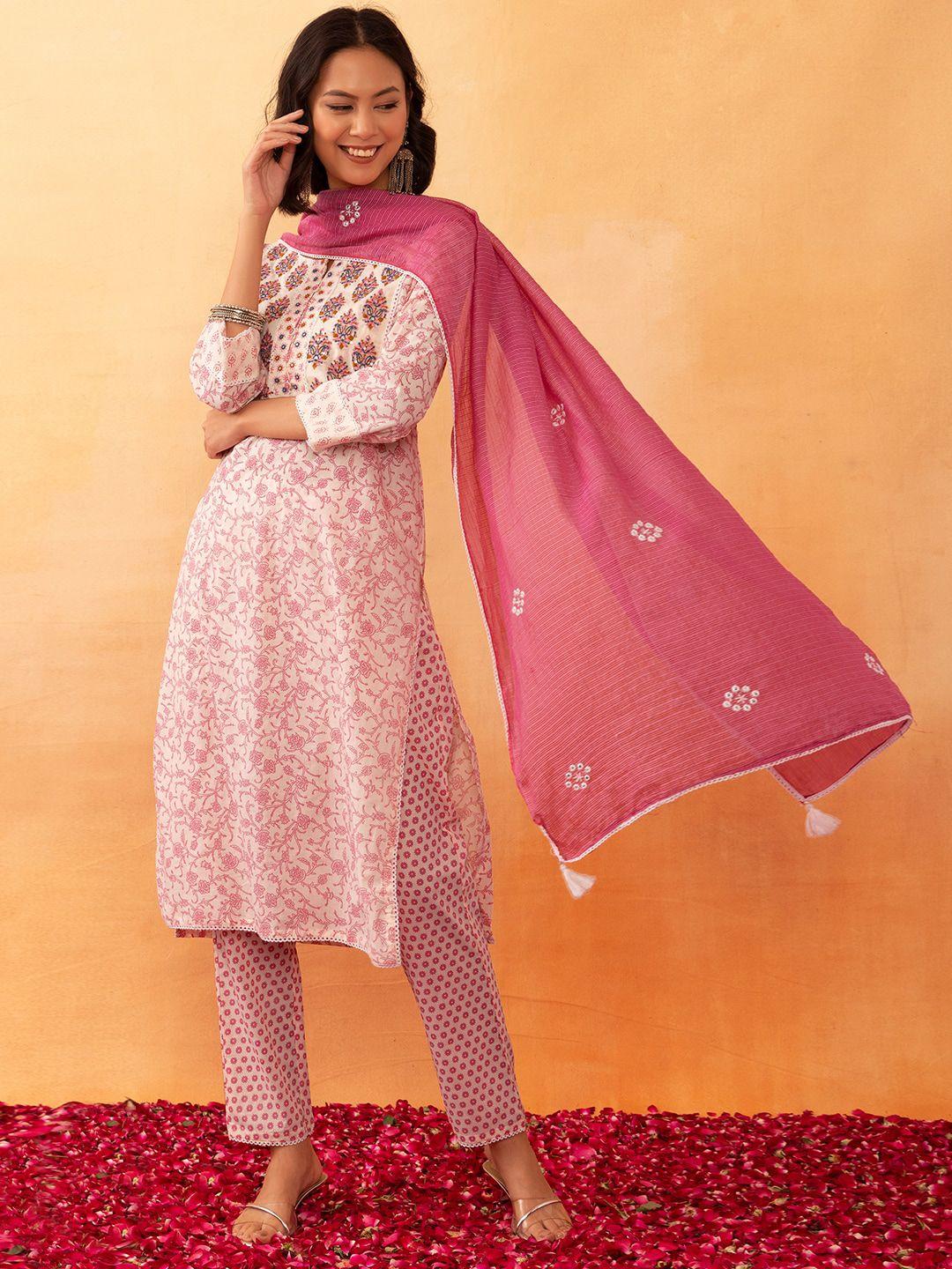 rang by indya floral jaal printed mirror work pure cotton kurta with trouser & dupatta