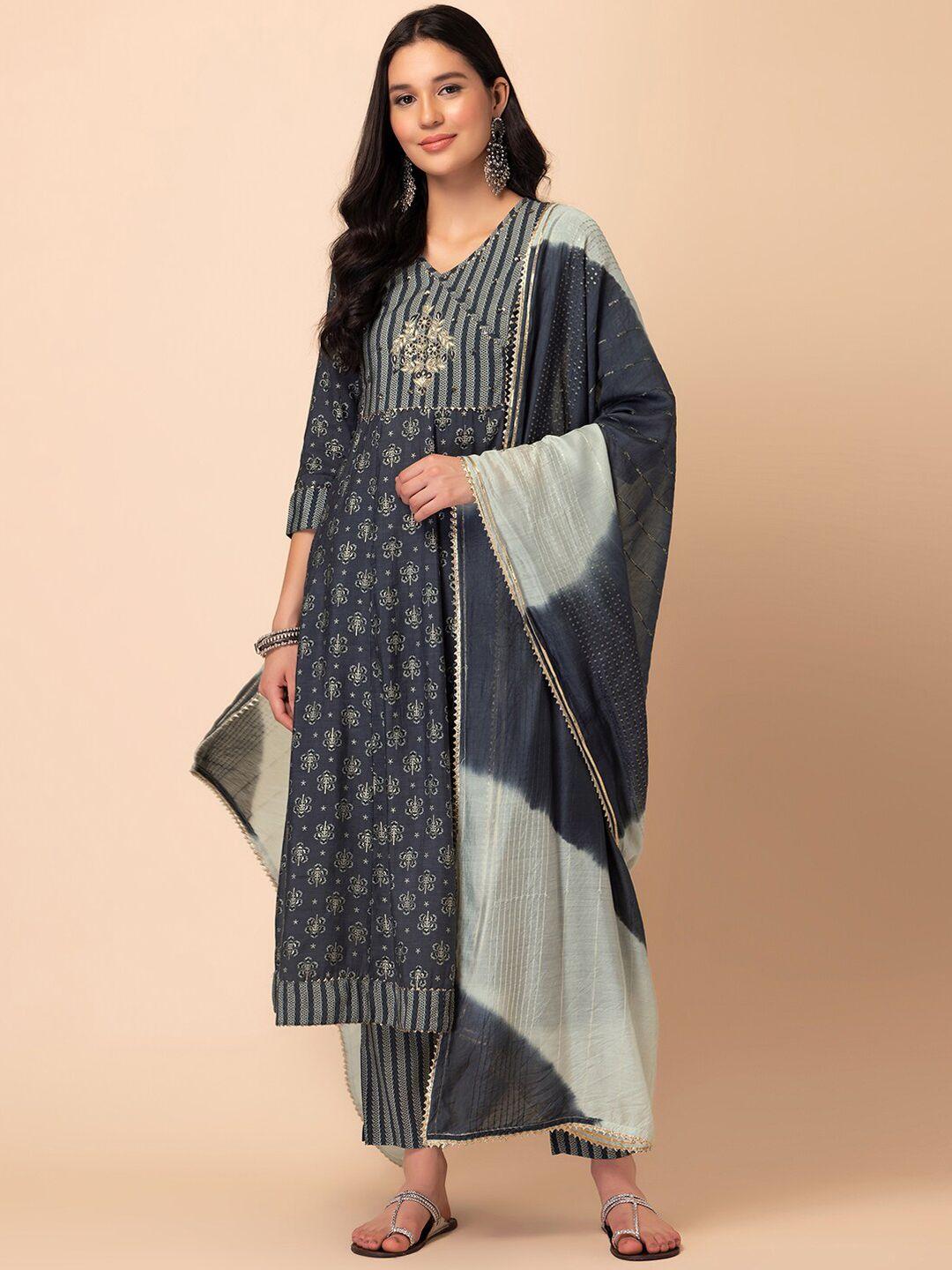 rang by indya floral printed a-line kurta with trouser & dupatta