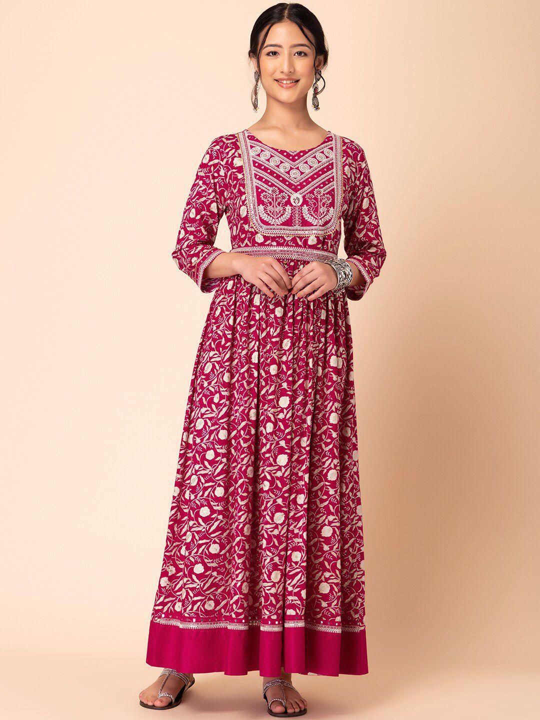 rang by indya floral printed embellished maxi fit and flare ethnic dress