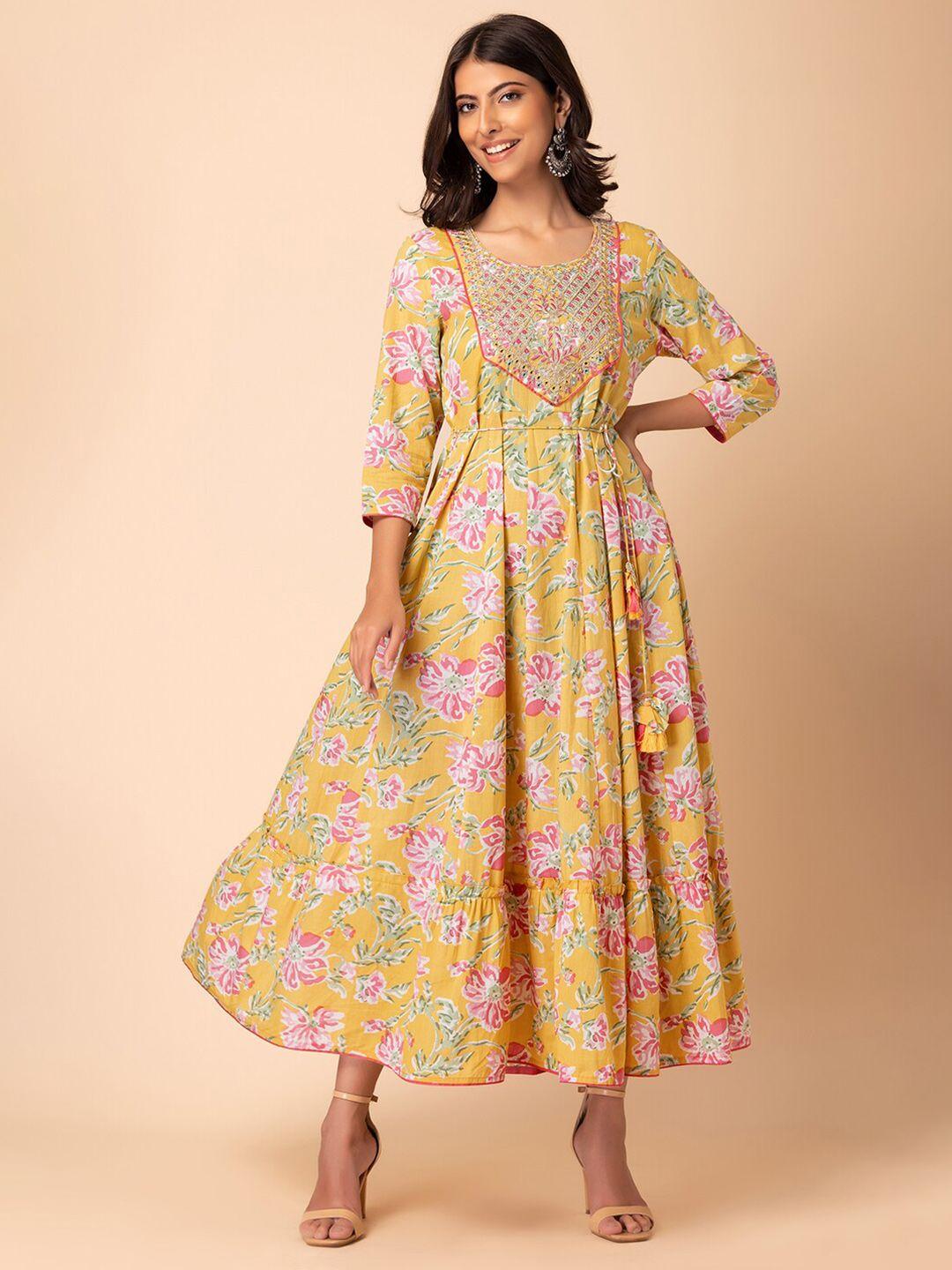 rang by indya floral printed embroidered pure cotton a-line ethnic dress
