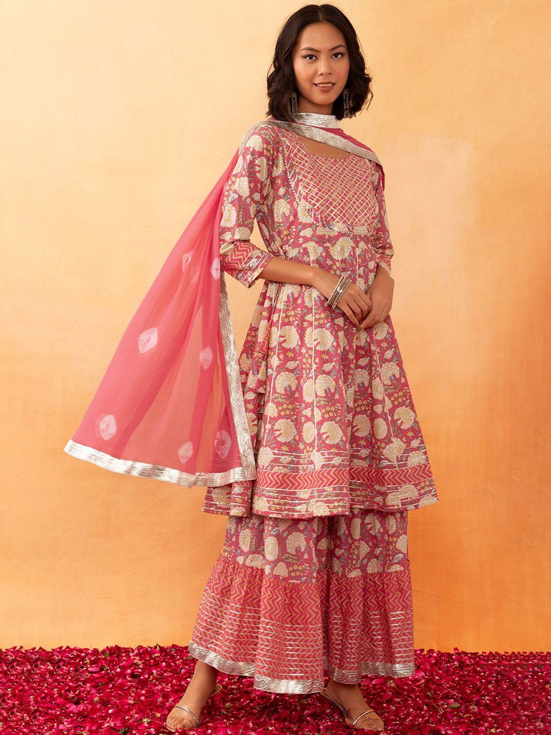 rang by indya floral printed gotta patti kurta with sharara & dupatta