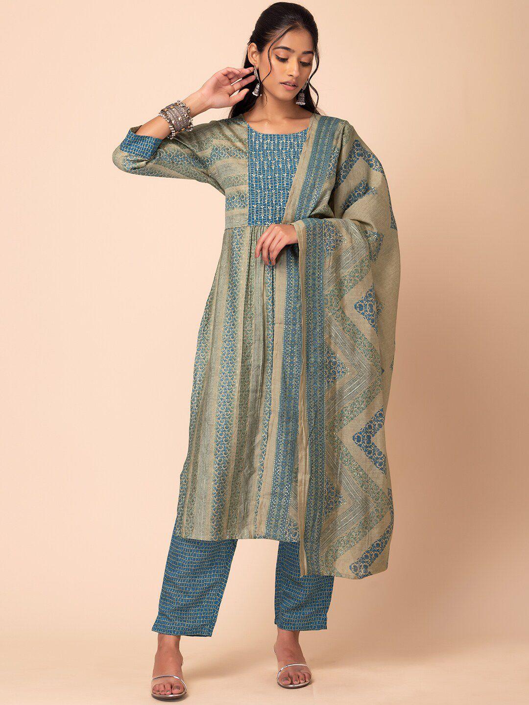 rang by indya floral printed kurta & trousers with dupatta