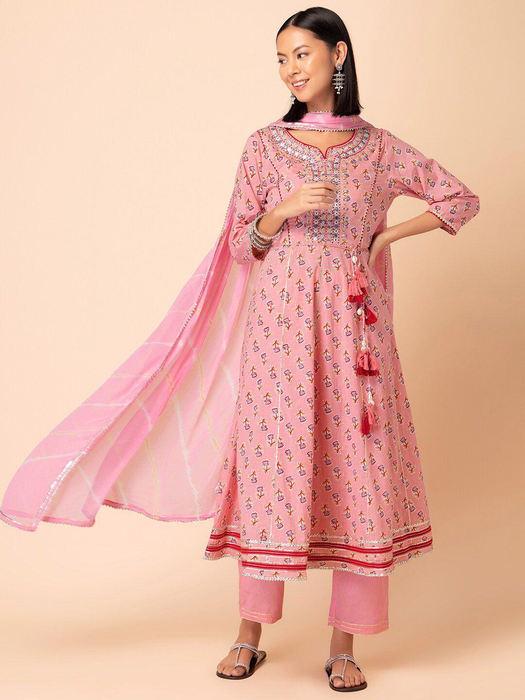 rang by indya floral printed mirror work pure cotton a-line kurta with trouser & dupatta