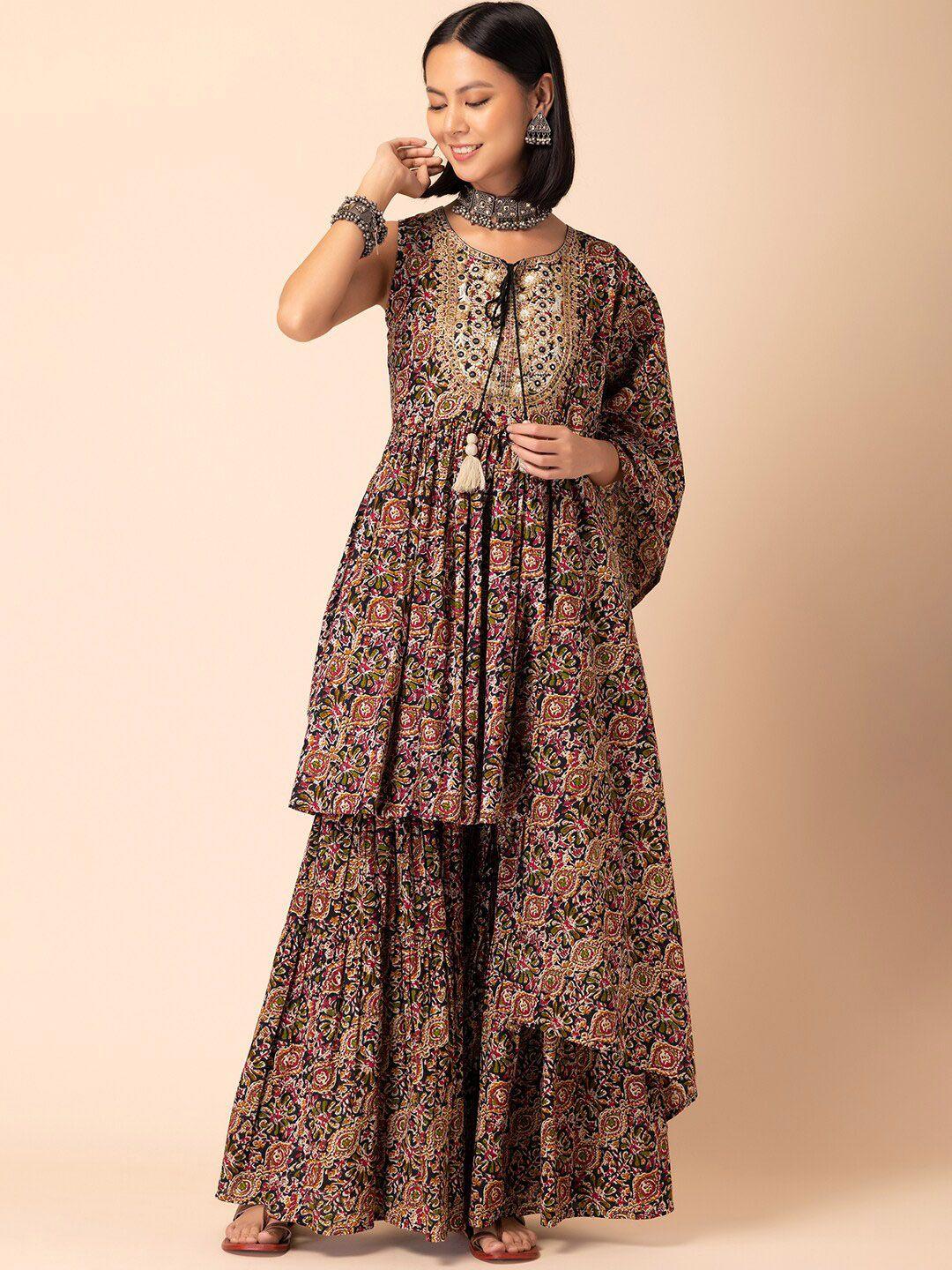 rang by indya floral printed mirror work pure cotton kurta with sharara & dupatta