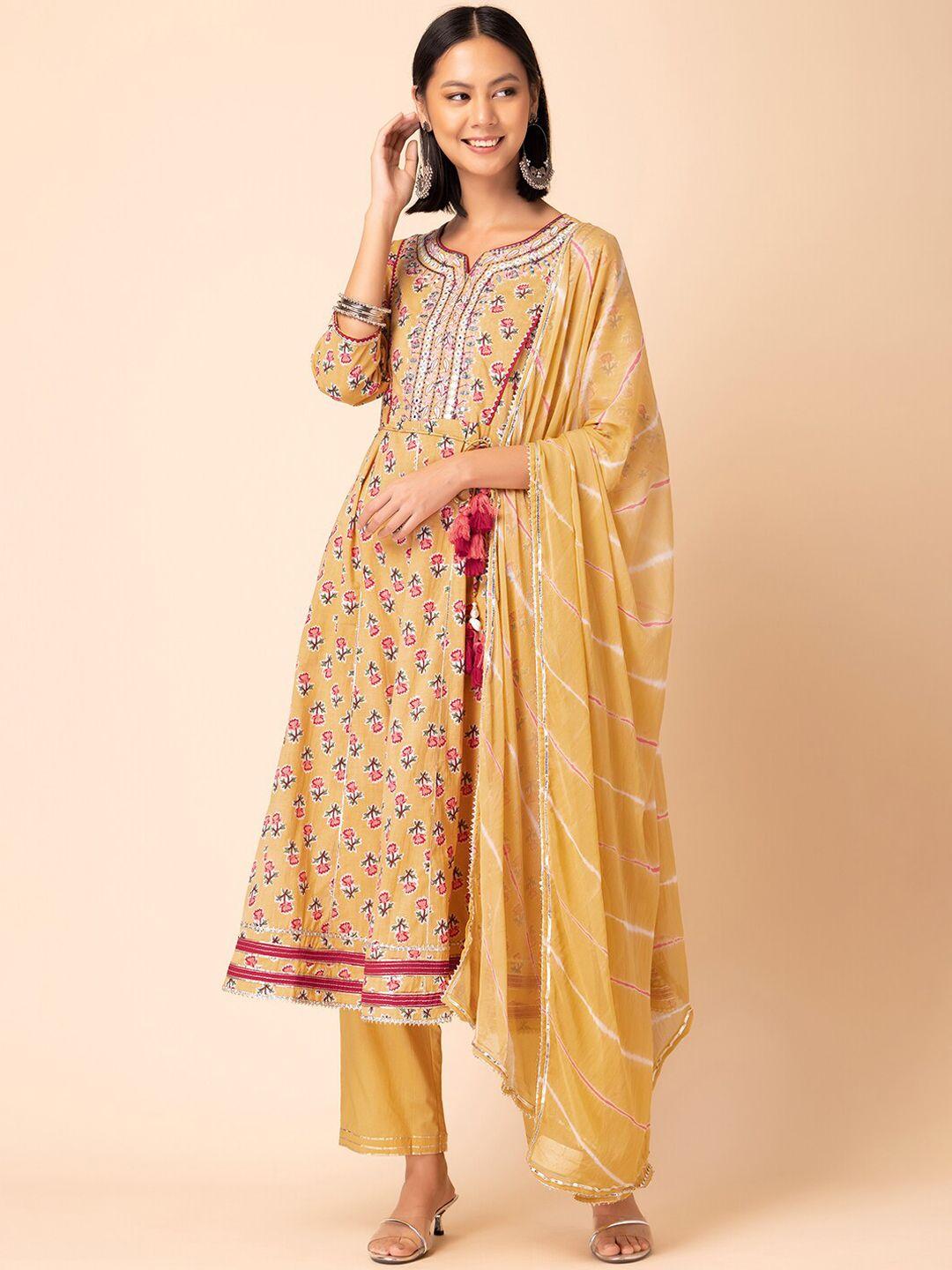 rang by indya floral printed mirror work pure cotton kurta with trouser & dupatta