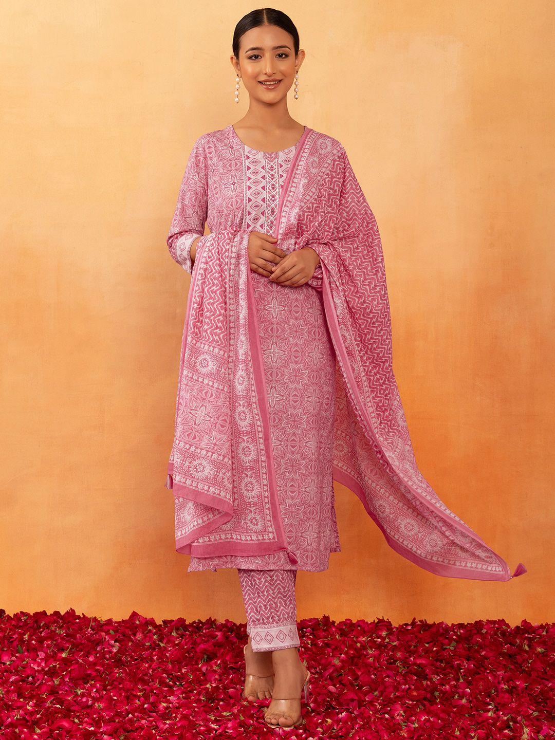 rang by indya floral printed pure cotton a-line kurta with trouser & dupatta