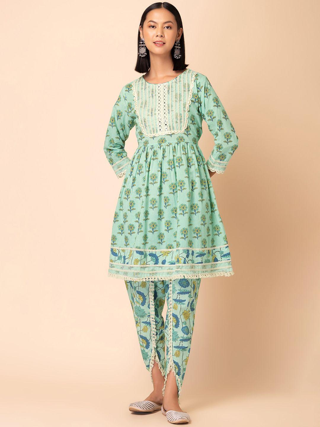 rang by indya floral printed pure cotton a-line kurta with tulip pant