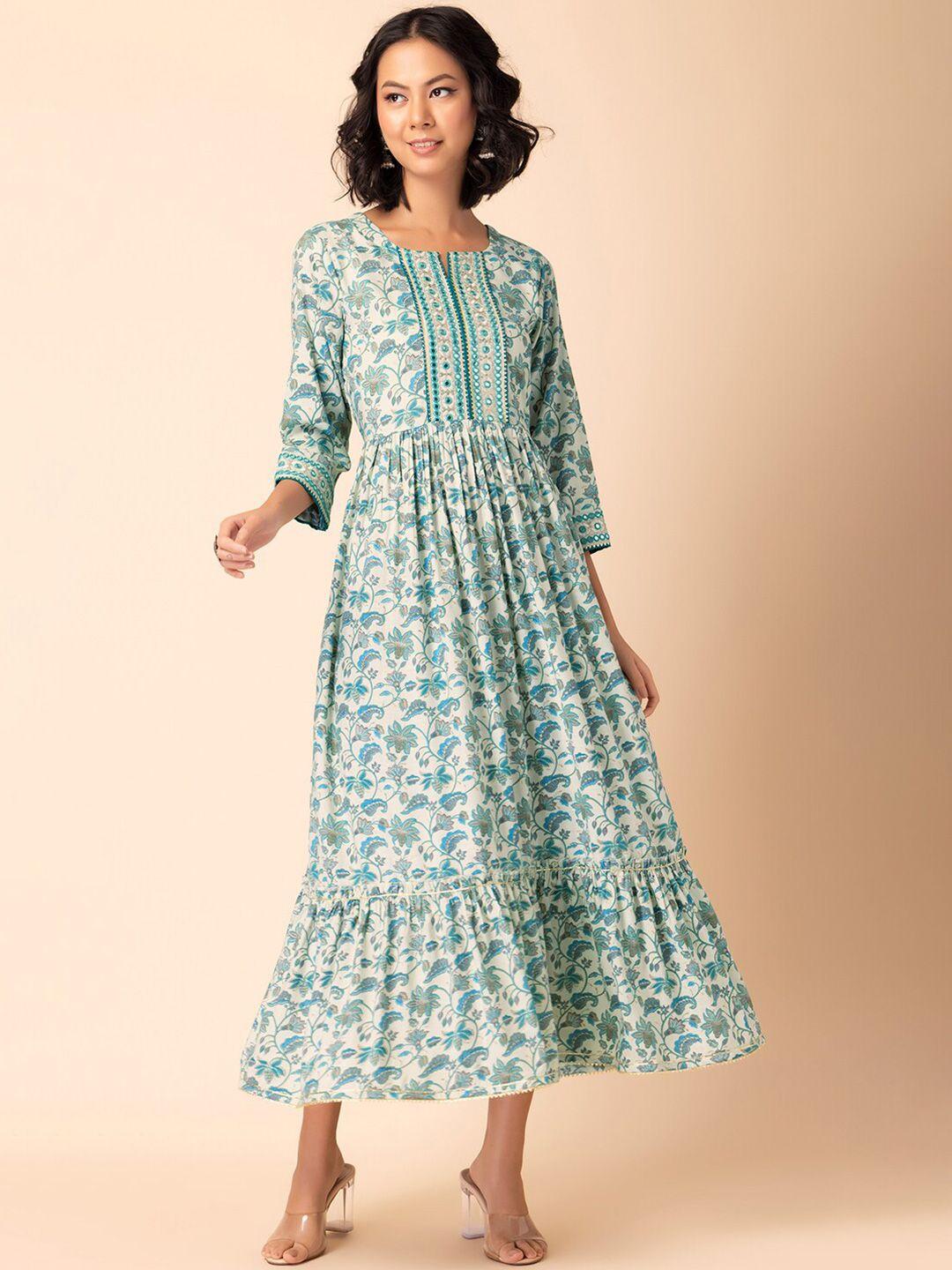 rang by indya floral-printed pure-cotton fit & flared dress
