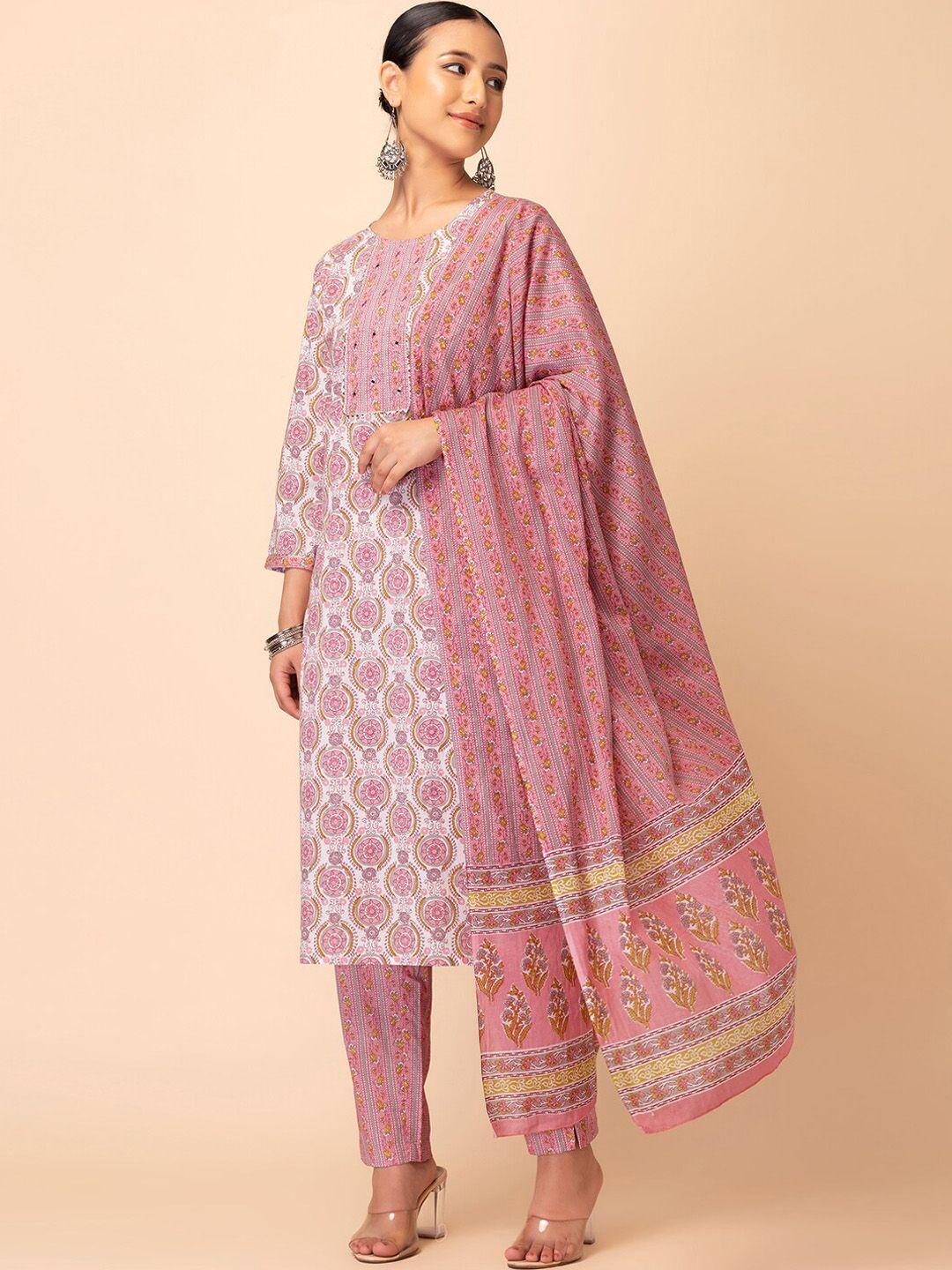 rang by indya floral printed pure cotton kurta & trousers with dupatta