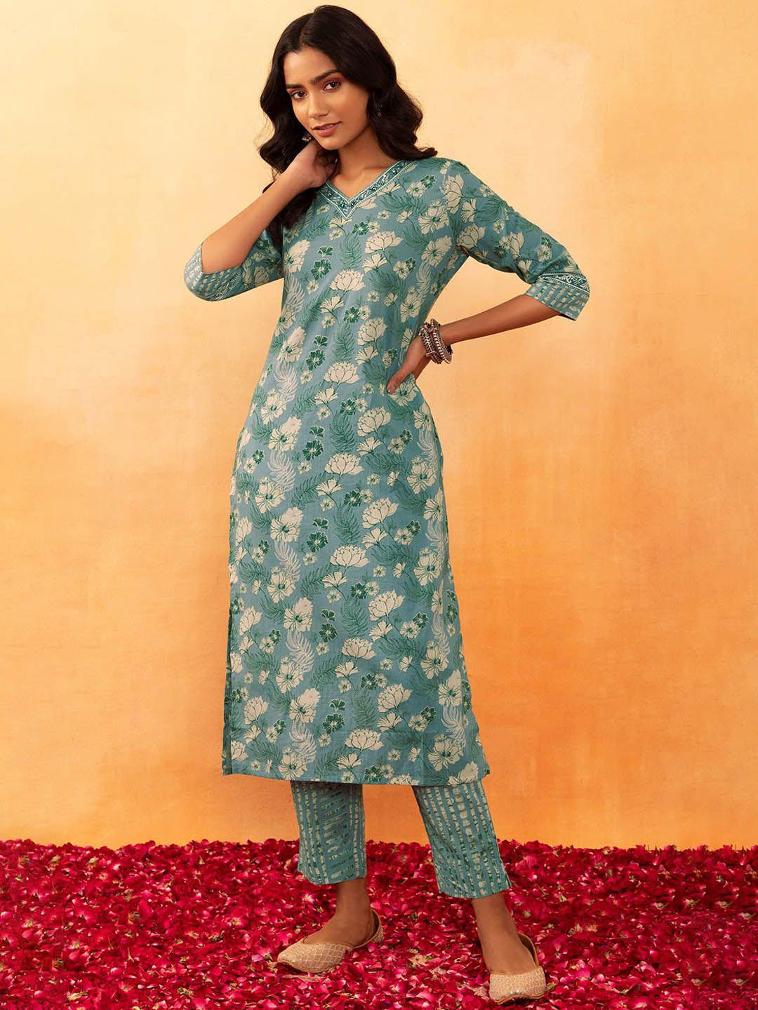 rang by indya floral printed pure cotton kurta with trouser