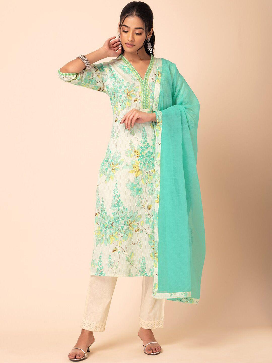 rang by indya floral printed pure cotton straight kurta with trousers & dupatta