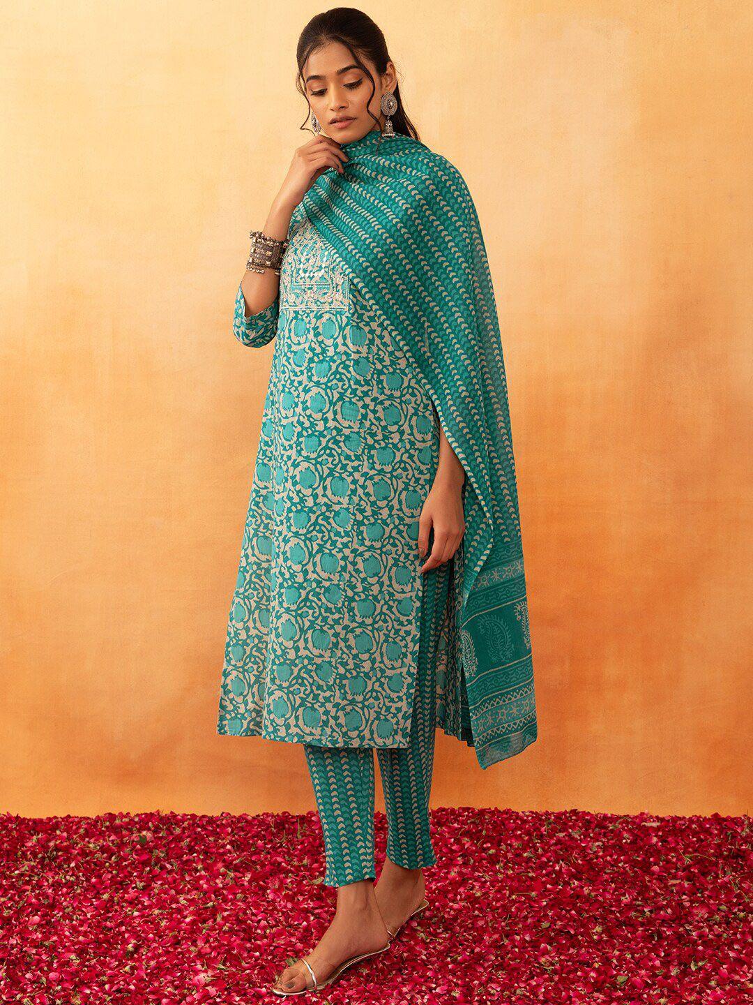 rang by indya floral printed regular pure cotton straight kurta & trousers with dupatta