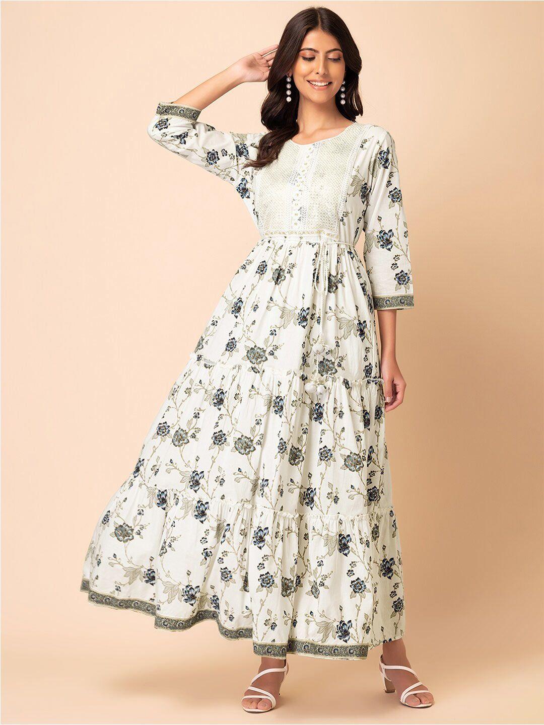 rang by indya floral printed sequin embroidered cotton tiered dress