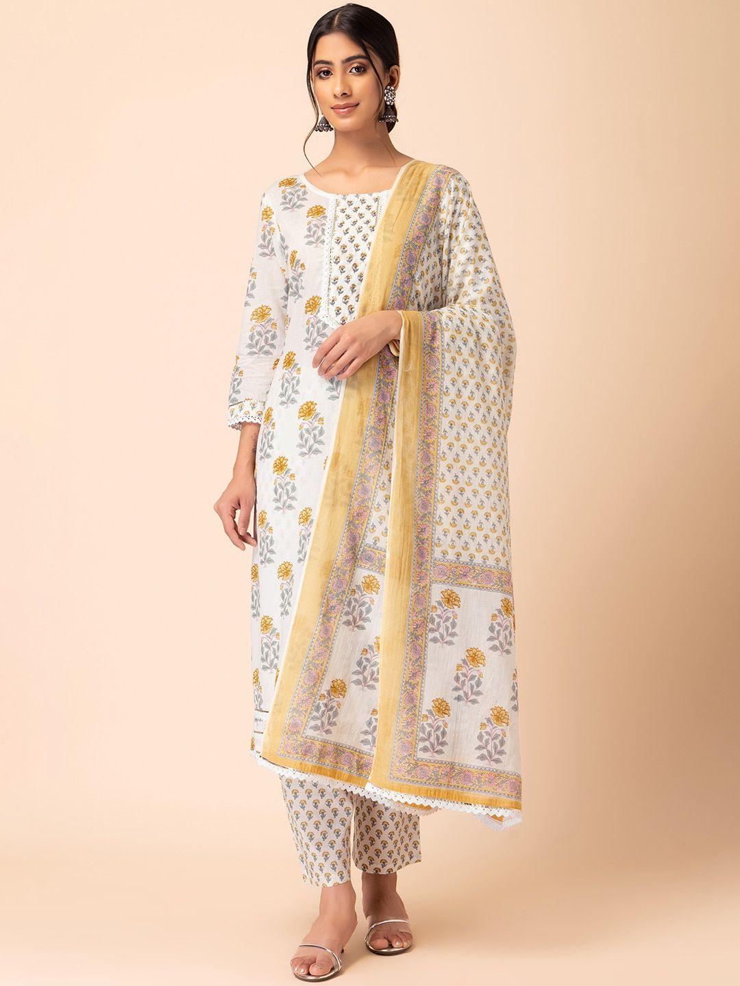 rang by indya floral printed sequined pure cotton kurta with trouser & dupatta