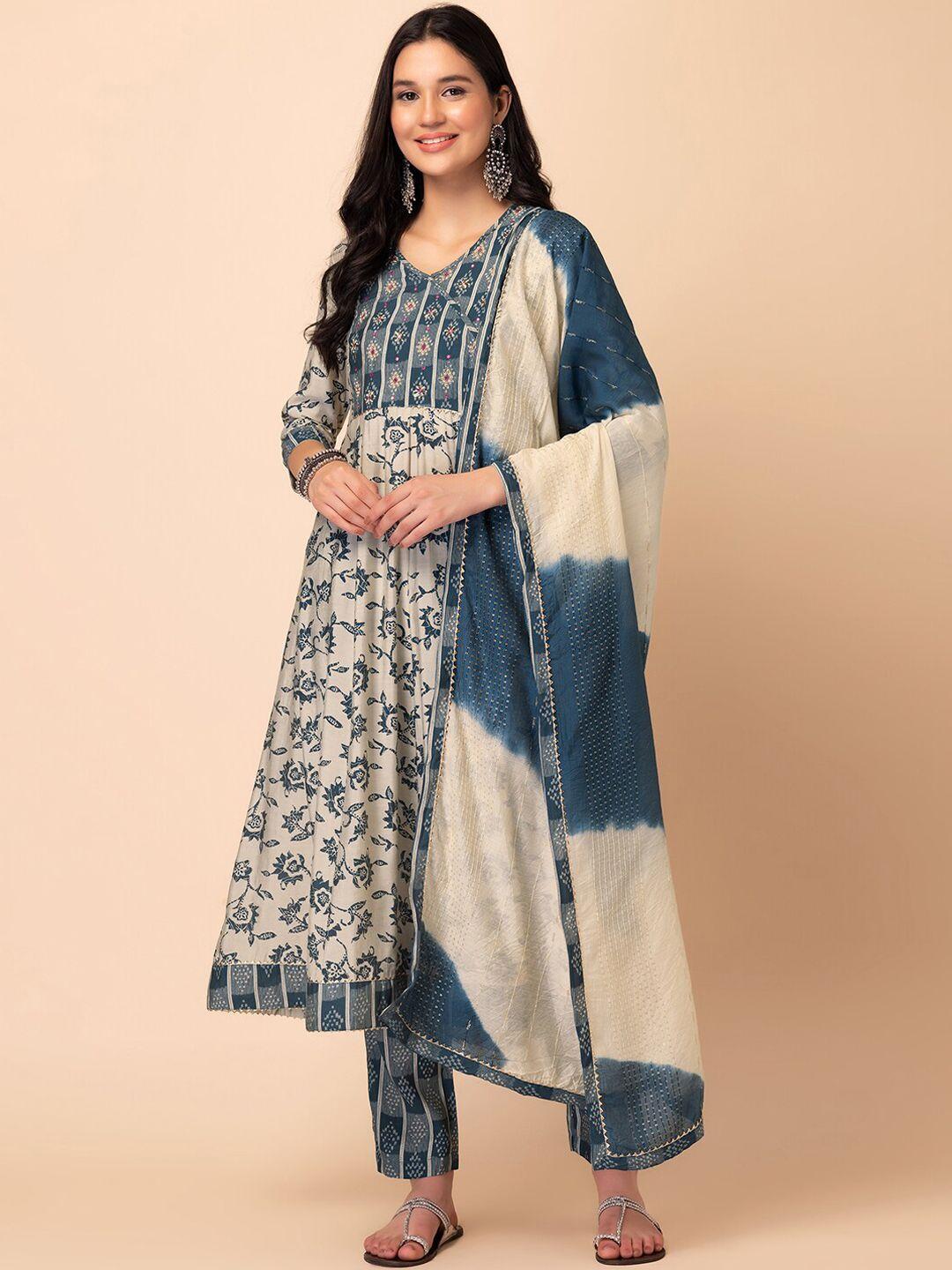 rang by indya floral printed thread work a-line kurta with trouser & dupatta