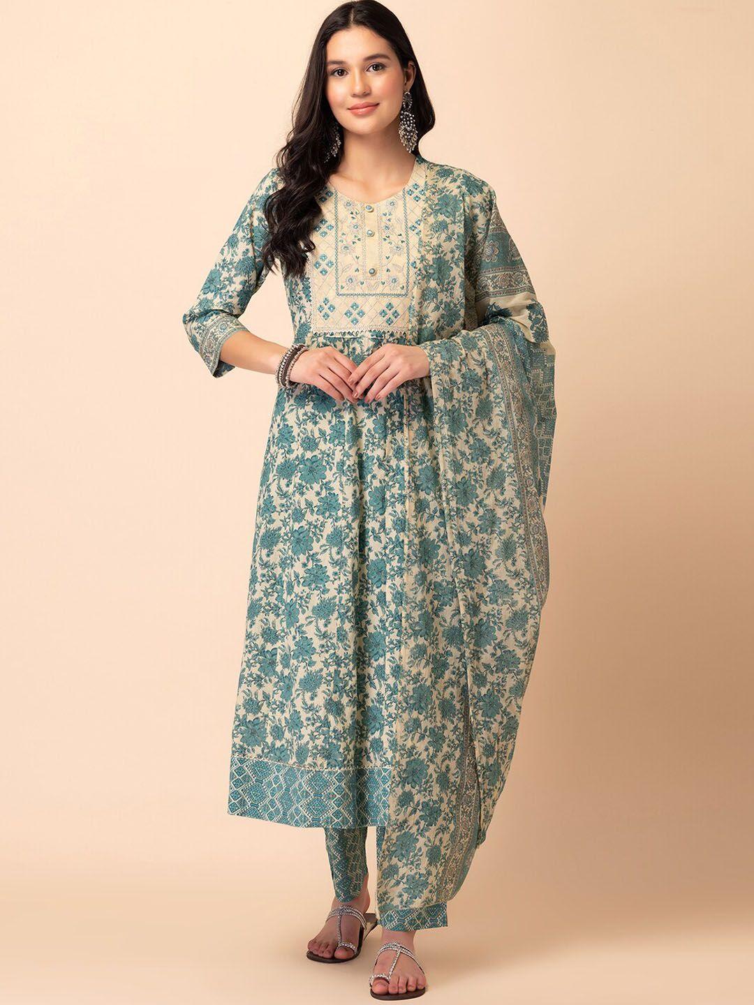 rang by indya floral printed thread work pure cotton a-line kurta with trouser & dupatta
