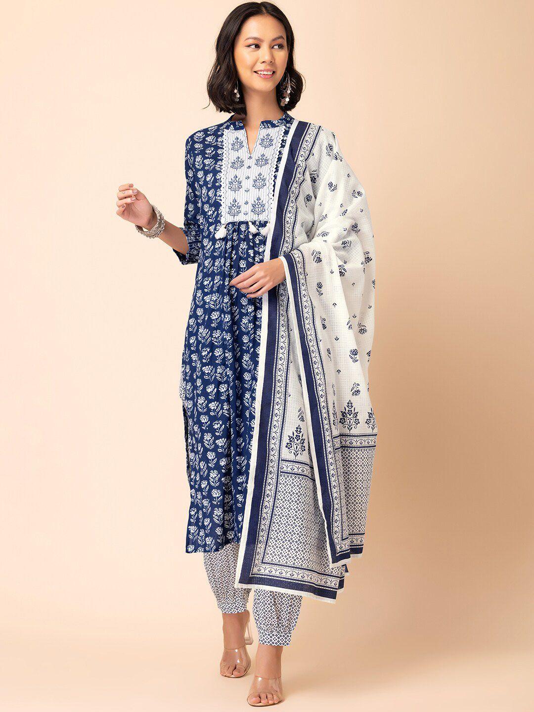 rang by indya floral printed thread work pure cotton kurta with salwar & dupatta