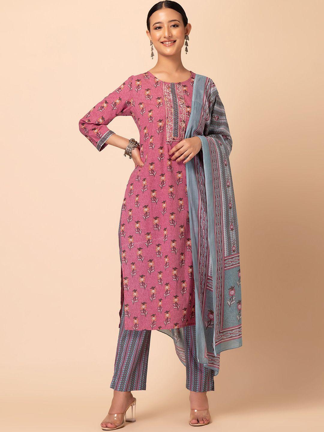 rang by indya floral printed thread work pure cotton kurta with trousers & dupatta