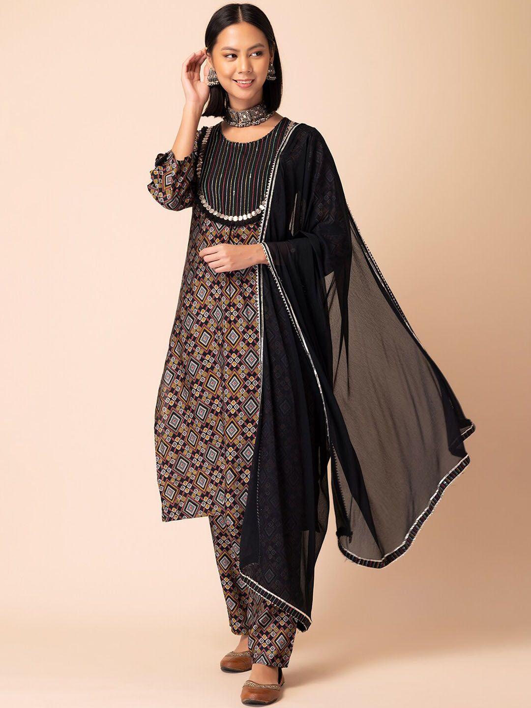 rang by indya ikat printed sequined pure cotton kurta with trouser & dupatta