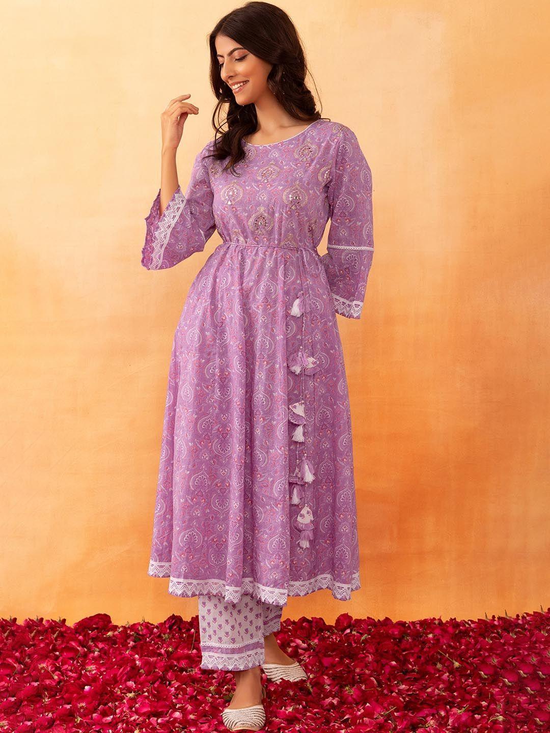 rang by indya mughal printed mirror work lace detail cotton anarkali kurta & trouser