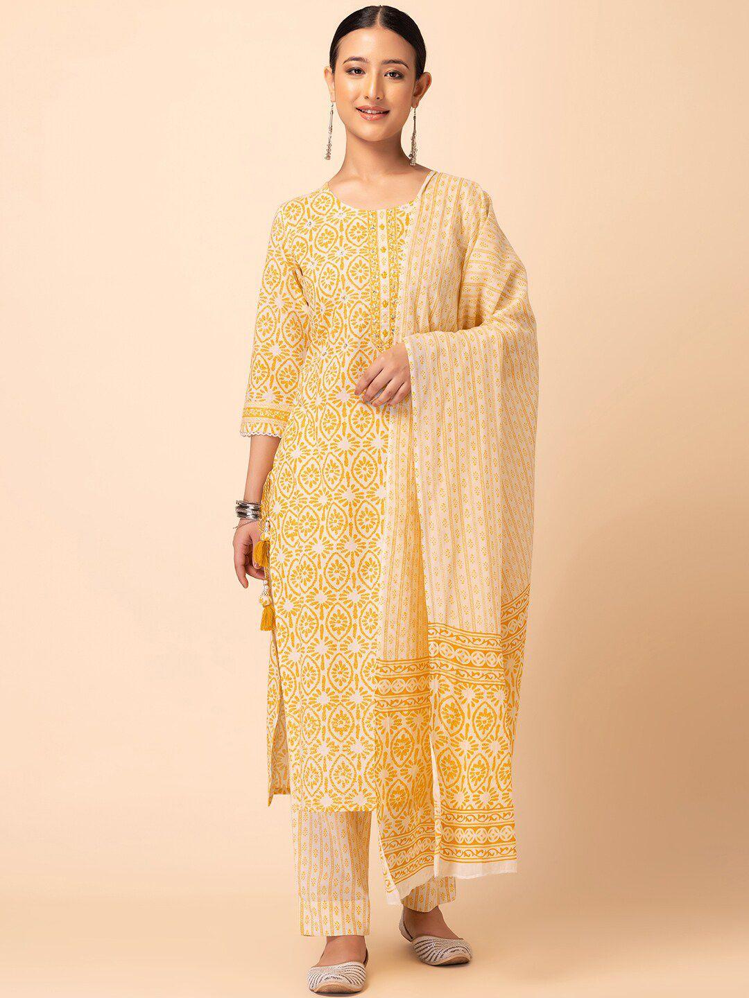 rang by indya mughal printed sequined pure cotton kurta with trouser & dupatta