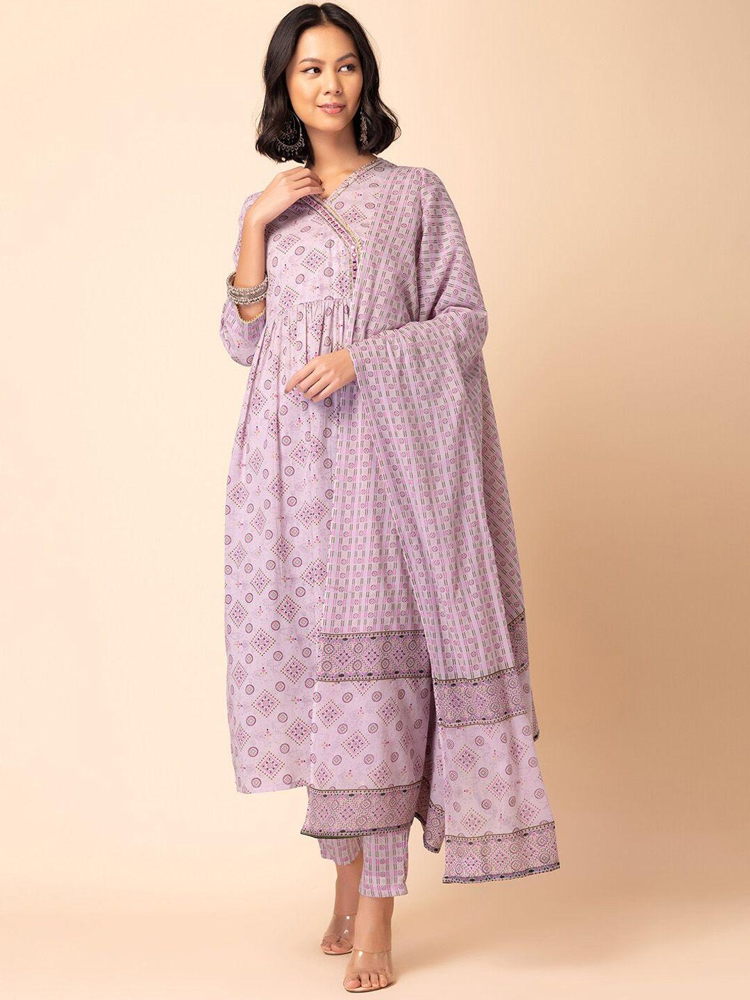 rang by indya printed mirror work pure cotton a-line kurta with trouser & dupatta