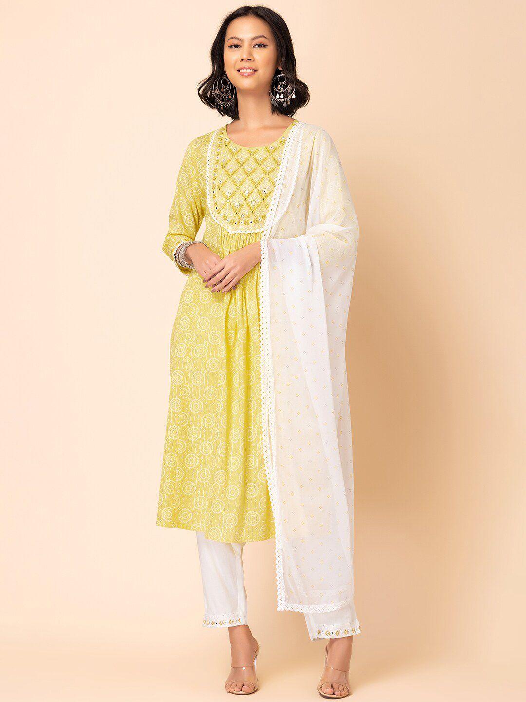 rang by indya printed mirror work sequined pure cotton kurta with trouser & dupatta