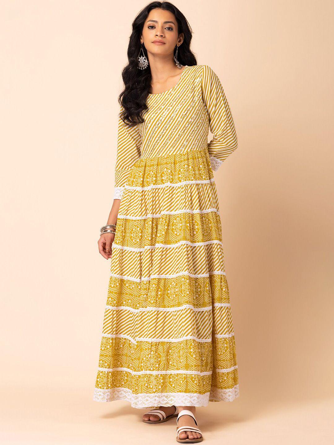 rang by indya striped sequined pure cotton fit & flare ethnic maxi ethnic dress