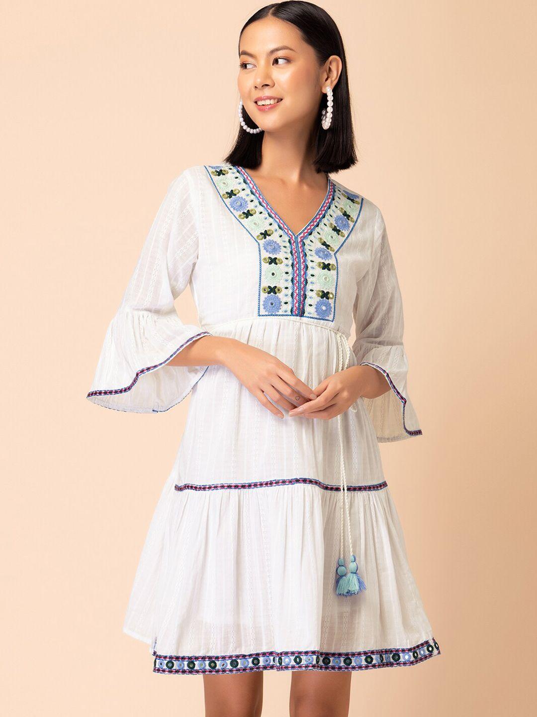 rang by indya thread embroidered fit & flared pure cotton tiered dress