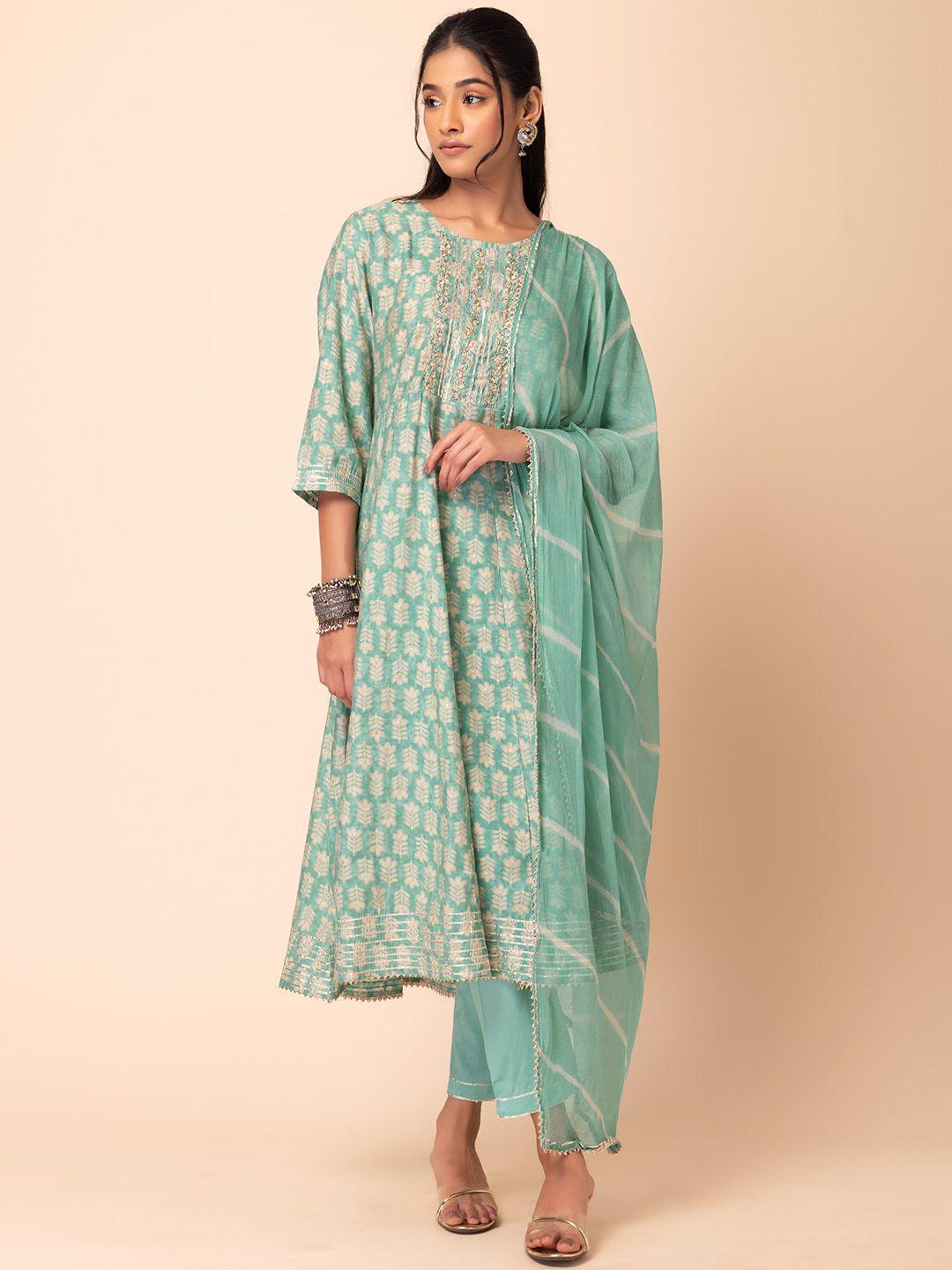 rang by indya women blue ethnic motifs embroidered tiered kurta with trousers & with dupatta