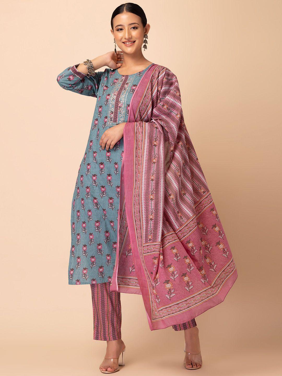 rang by indya women blue floral printed pure cotton kurta with trousers & with dupatta