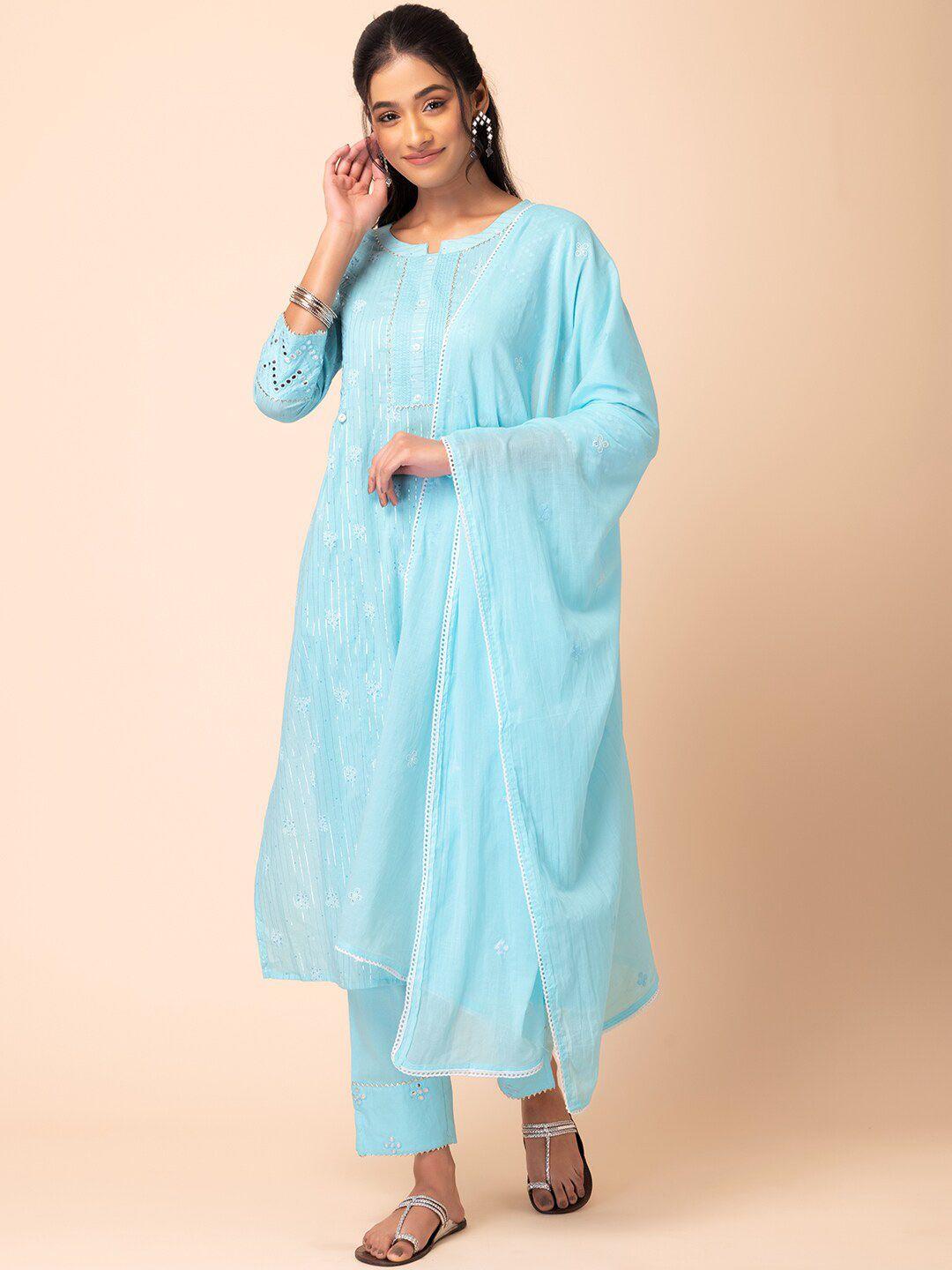 rang by indya women blue floral printed regular mirror work pure cotton kurta with trousers & with dupatta