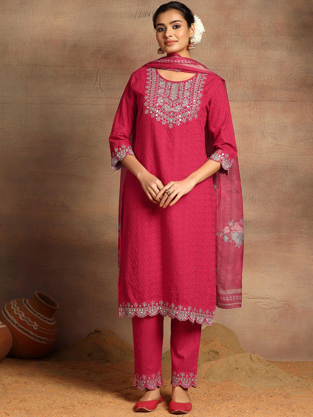 rang by indya women floral embroidered regular thread work pure cotton kurta with trousers & with dupatta