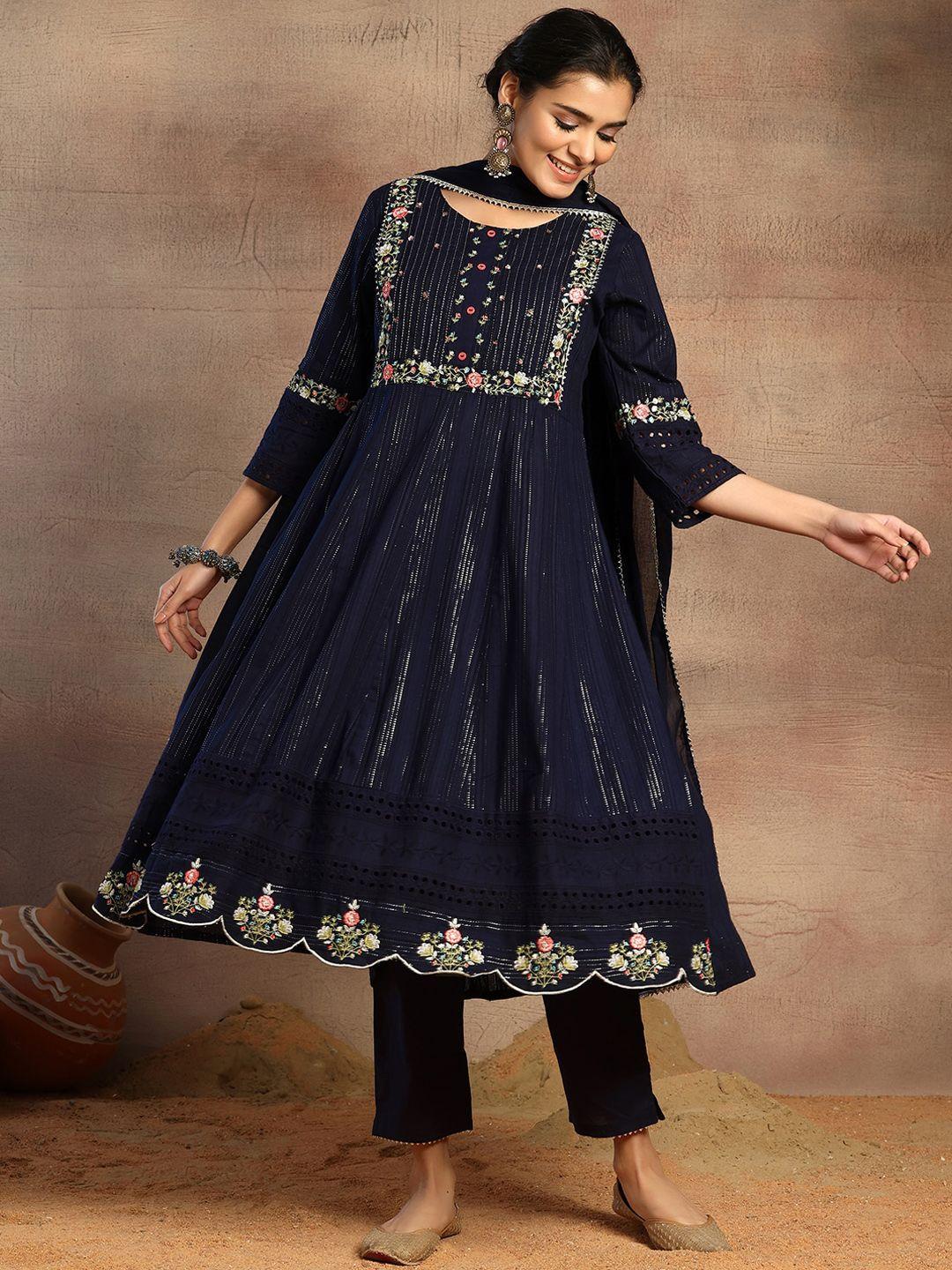 rang by indya women floral embroidered regular thread work pure cotton kurta with trousers & with dupatta